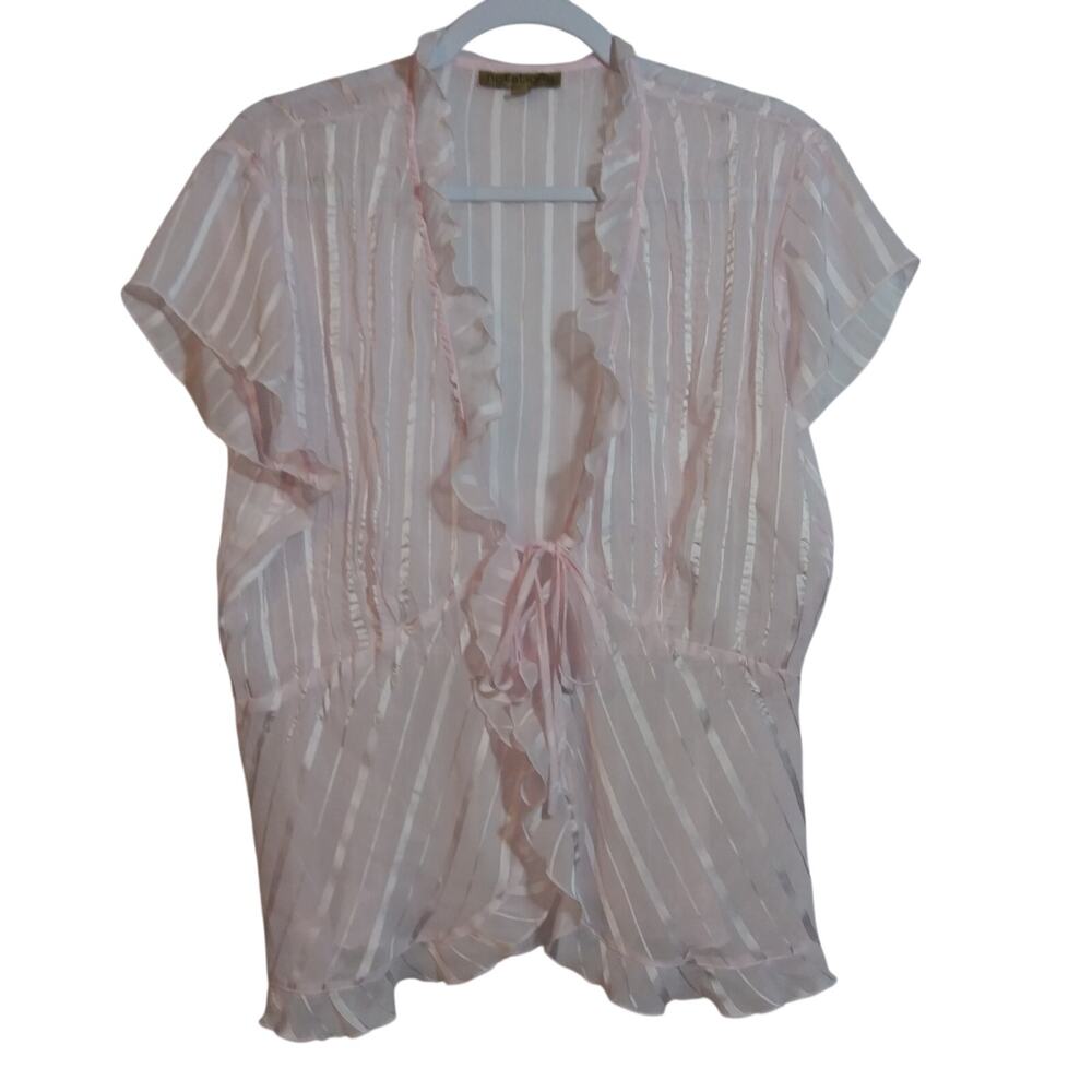 Notations Vintage Soft Pink Sheer Open Tie Ruffle Top Size XL